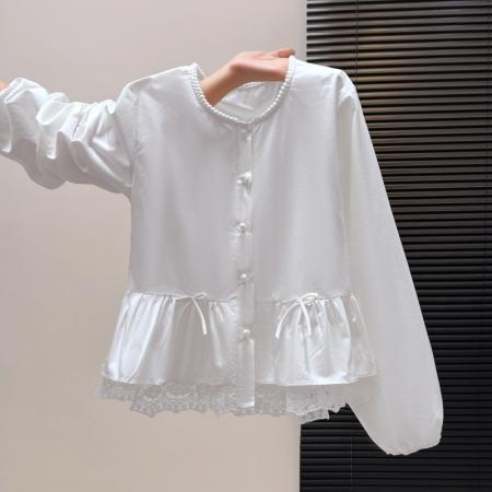 FA55151# 甜美蕾丝花边圆领长袖衬衫女春季新款荷叶边裙摆蕾丝上衣 服裝批發女裝批發服飾貨源