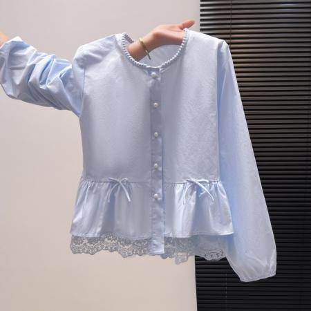 FA55151# 甜美蕾丝花边圆领长袖衬衫女春季新款荷叶边裙摆蕾丝上衣 服裝批發女裝批發服飾貨源