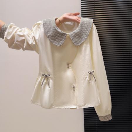 FA55152# 法式格子荷叶边衬衫上衣女春款气质好看宽松显瘦设计感长袖 服裝批發女裝批發服飾貨源
