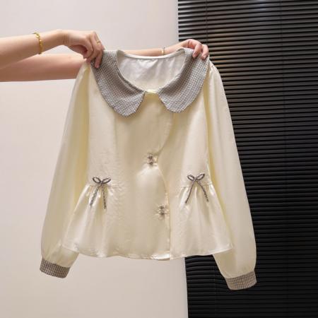 FA55152# 法式格子荷叶边衬衫上衣女春款气质好看宽松显瘦设计感长袖 服裝批發女裝批發服飾貨源