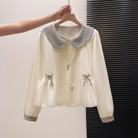 FA55152# 法式格子荷叶边衬衫上衣女春款气质好看宽松显瘦设计感长袖 服裝批發女裝批發服飾貨源