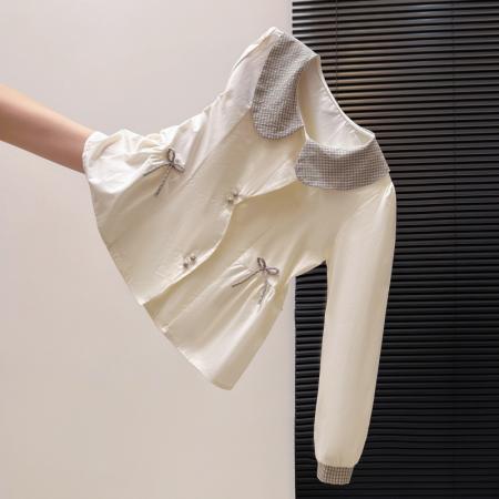 FA55152# 法式格子荷叶边衬衫上衣女春款气质好看宽松显瘦设计感长袖 服裝批發女裝批發服飾貨源