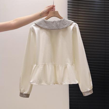 FA55152# 法式格子荷叶边衬衫上衣女春款气质好看宽松显瘦设计感长袖 服裝批發女裝批發服飾貨源