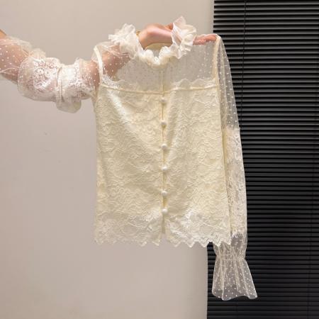 FA55153# 法式纯欲辣妹春款蕾丝打底衬衫女设计感网纱拼接修身长袖上衣 服裝批發女裝批發服飾貨源