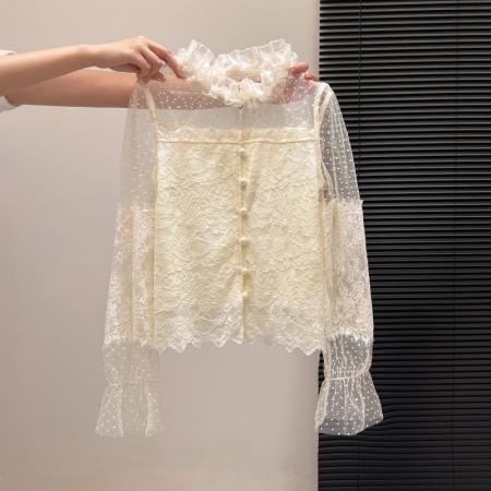 FA55153# 法式纯欲辣妹春款蕾丝打底衬衫女设计感网纱拼接修身长袖上衣 服裝批發女裝批發服飾貨源