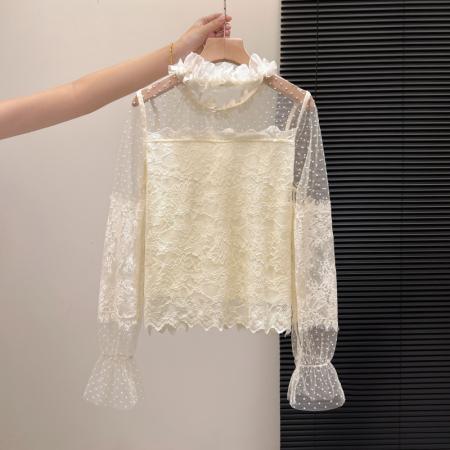 FA55153# 法式纯欲辣妹春款蕾丝打底衬衫女设计感网纱拼接修身长袖上衣 服裝批發女裝批發服飾貨源