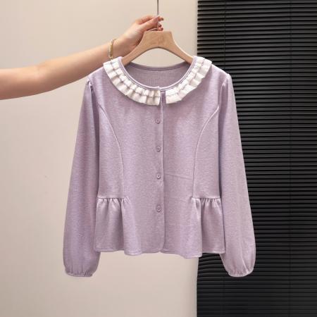 FA55155# 拼接花边圆领针织衫女冬季新款荷叶边内搭打底衫外穿上衣 服裝批發女裝批發服飾貨源