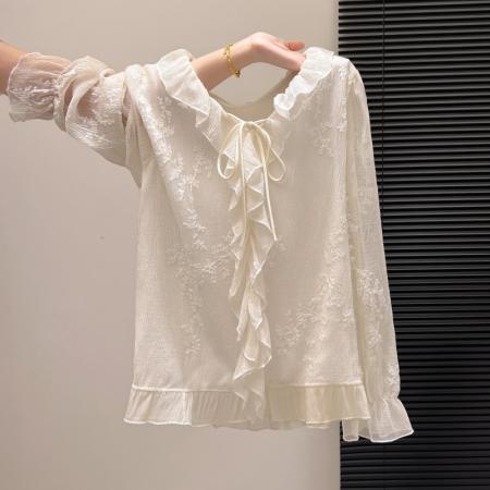 FA55156# 女士衬衫春款v领荷叶边喇叭袖长袖宽松刺绣雪纺高级感上衣 服裝批發女裝批發服飾貨源