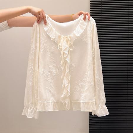 FA55156# 女士衬衫春款v领荷叶边喇叭袖长袖宽松刺绣雪纺高级感上衣 服裝批發女裝批發服飾貨源