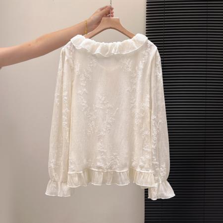 FA55156# 女士衬衫春款v领荷叶边喇叭袖长袖宽松刺绣雪纺高级感上衣 服裝批發女裝批發服飾貨源