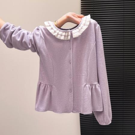 FA55158# 法式甜美花边圆领长袖衬衫女冬季新款温柔风娃娃衫短上衣 服裝批發女裝批發服飾貨源