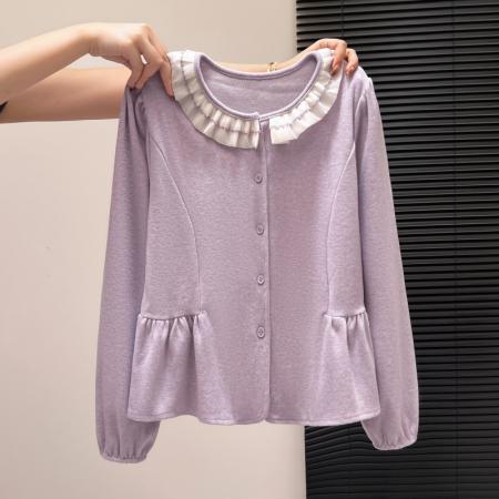 FA55158# 法式甜美花边圆领长袖衬衫女冬季新款温柔风娃娃衫短上衣 服裝批發女裝批發服飾貨源