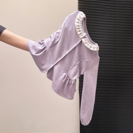 FA55158# 法式甜美花边圆领长袖衬衫女冬季新款温柔风娃娃衫短上衣 服裝批發女裝批發服飾貨源