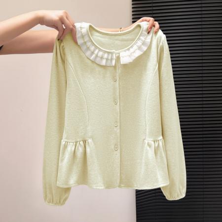 FA55158# 法式甜美花边圆领长袖衬衫女冬季新款温柔风娃娃衫短上衣 服裝批發女裝批發服飾貨源