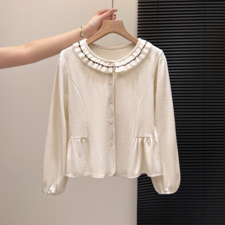 FA55158# 法式甜美花边圆领长袖衬衫女冬季新款温柔风娃娃衫短上衣 服裝批發女裝批發服飾貨源