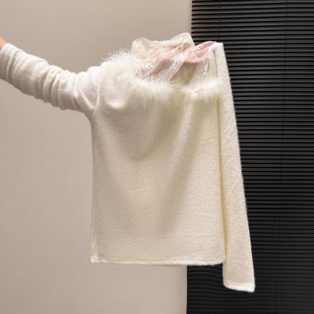 FA55159# 半高领蕾丝微透长袖打底衫女冬季新款气质毛毛拼接上衣潮 服裝批發女裝批發服飾貨源