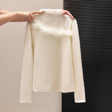 FA55159# 半高领蕾丝微透长袖打底衫女冬季新款气质毛毛拼接上衣潮 服裝批發女裝批發服飾貨源