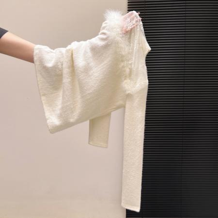 FA55159# 半高领蕾丝微透长袖打底衫女冬季新款气质毛毛拼接上衣潮 服裝批發女裝批發服飾貨源