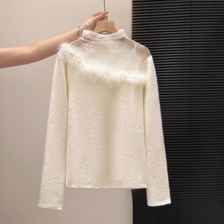 FA55159# 半高领蕾丝微透长袖打底衫女冬季新款气质毛毛拼接上衣潮 服裝批發女裝批發服飾貨源