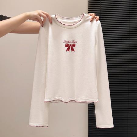 FA55160# 白色秋冬款圆领蝴蝶结印花打底衫内搭加绒长袖T恤修身上衣女 服裝批發女裝批發服飾貨源