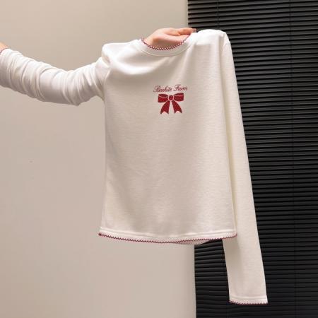 FA55160# 白色秋冬款圆领蝴蝶结印花打底衫内搭加绒长袖T恤修身上衣女 服裝批發女裝批發服飾貨源