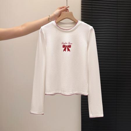 FA55160# 白色秋冬款圆领蝴蝶结印花打底衫内搭加绒长袖T恤修身上衣女 服裝批發女裝批發服飾貨源