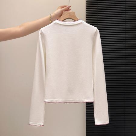 FA55160# 白色秋冬款圆领蝴蝶结印花打底衫内搭加绒长袖T恤修身上衣女 服裝批發女裝批發服飾貨源