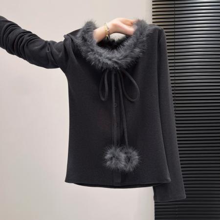 FA55162# 气质小众毛领系带针织衫女秋冬季新款辣妹显瘦内搭上衣 服裝批發女裝批發服飾貨源