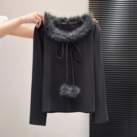 FA55162# 气质小众毛领系带针织衫女秋冬季新款辣妹显瘦内搭上衣 服裝批發女裝批發服飾貨源