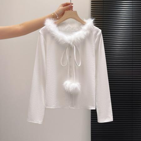 FA55162# 气质小众毛领系带针织衫女秋冬季新款辣妹显瘦内搭上衣 服裝批發女裝批發服飾貨源