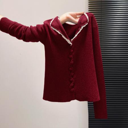 FA55163# 法式温柔风木耳边翻领纽扣长袖针织衫上衣女秋冬显瘦修身毛衣 服裝批發女裝批發服飾貨源