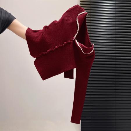 FA55163# 法式温柔风木耳边翻领纽扣长袖针织衫上衣女秋冬显瘦修身毛衣 服裝批發女裝批發服飾貨源