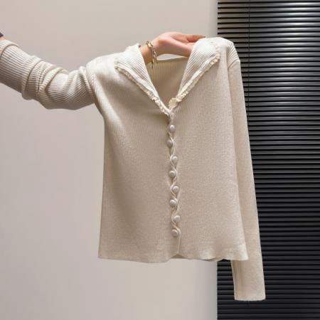 FA55163# 法式温柔风木耳边翻领纽扣长袖针织衫上衣女秋冬显瘦修身毛衣 服裝批發女裝批發服飾貨源