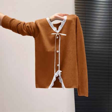 FA55164# 韩系甜美橘色V领蕾丝针织衫女秋冬新款气质减龄显白小众上衣 服裝批發女裝批發服飾貨源