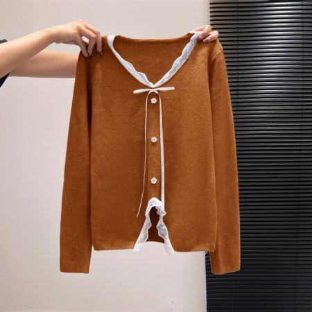 FA55164# 韩系甜美橘色V领蕾丝针织衫女秋冬新款气质减龄显白小众上衣 服裝批發女裝批發服飾貨源