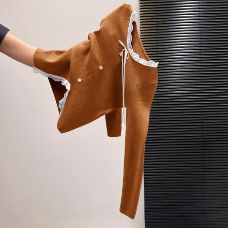 FA55164# 韩系甜美橘色V领蕾丝针织衫女秋冬新款气质减龄显白小众上衣 服裝批發女裝批發服飾貨源