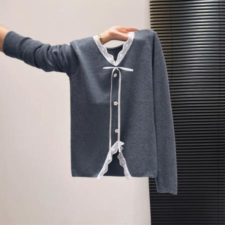 FA55164# 韩系甜美橘色V领蕾丝针织衫女秋冬新款气质减龄显白小众上衣 服裝批發女裝批發服飾貨源