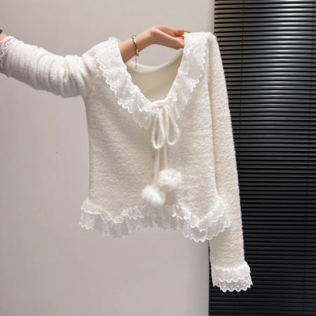 FA55165# 甜美蕾丝拼接系带毛球长袖T恤毛针织衫打底内穿温柔穿搭少女 服裝批發女裝批發服飾貨源