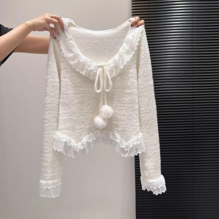 FA55165# 甜美蕾丝拼接系带毛球长袖T恤毛针织衫打底内穿温柔穿搭少女 服裝批發女裝批發服飾貨源