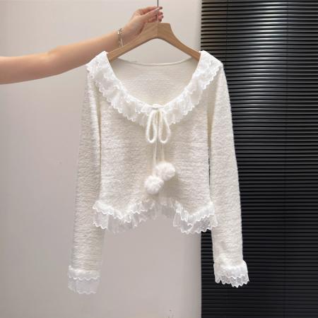 FA55165# 甜美蕾丝拼接系带毛球长袖T恤毛针织衫打底内穿温柔穿搭少女 服裝批發女裝批發服飾貨源