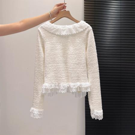 FA55165# 甜美蕾丝拼接系带毛球长袖T恤毛针织衫打底内穿温柔穿搭少女 服裝批發女裝批發服飾貨源