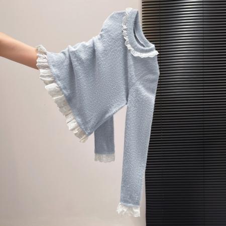 FA55166# 秋冬新款韩版修身甜美减龄显瘦休闲百搭花边套头毛衣 服裝批發女裝批發服飾貨源