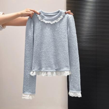 FA55166# 秋冬新款韩版修身甜美减龄显瘦休闲百搭花边套头毛衣 服裝批發女裝批發服飾貨源