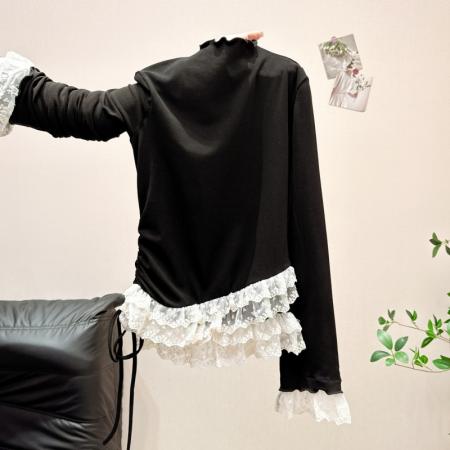 FA55167# 法式小香风磨毛加绒蕾丝拼接长袖打底秋冬木耳边半高领内搭女 服裝批發女裝批發服飾貨源