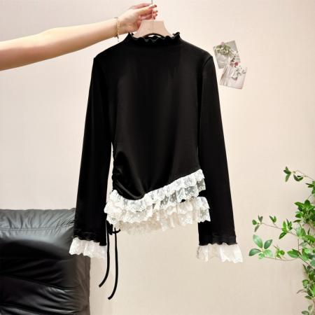 FA55167# 法式小香风磨毛加绒蕾丝拼接长袖打底秋冬木耳边半高领内搭女 服裝批發女裝批發服飾貨源