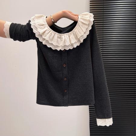 FA55168# 花边长袖拼接针织衫新款秋冬季时尚气质显瘦百搭女套头上衣 服裝批發女裝批發服飾貨源