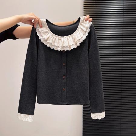 FA55168# 花边长袖拼接针织衫新款秋冬季时尚气质显瘦百搭女套头上衣 服裝批發女裝批發服飾貨源