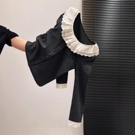 FA55168# 花边长袖拼接针织衫新款秋冬季时尚气质显瘦百搭女套头上衣 服裝批發女裝批發服飾貨源