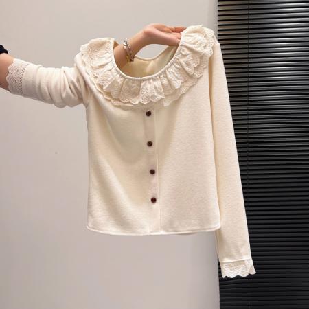 FA55168# 花边长袖拼接针织衫新款秋冬季时尚气质显瘦百搭女套头上衣 服裝批發女裝批發服飾貨源