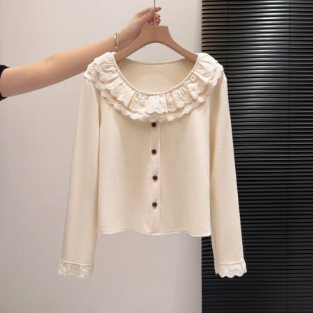 FA55168# 花边长袖拼接针织衫新款秋冬季时尚气质显瘦百搭女套头上衣 服裝批發女裝批發服飾貨源